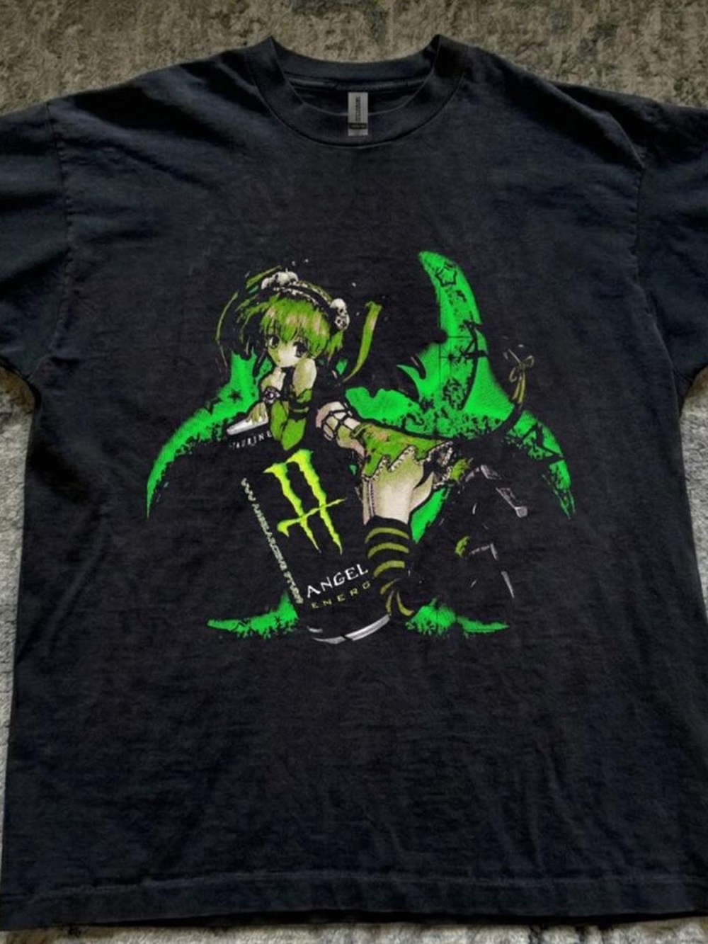 Gildan Black Short-Sleeve Tee with Neon Green Anime Monster Graphic